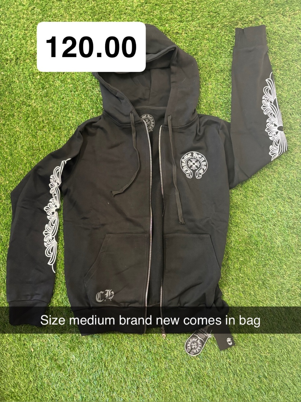 Chrome Hearts Black Zip-Up Hoodie with White Graphic Sleeves